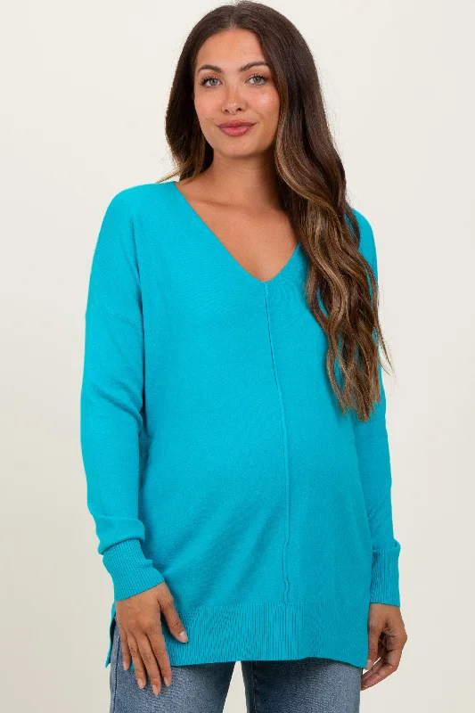 Jade Front Seam V-Neck Side Slit Maternity Sweater Vacation Vacation