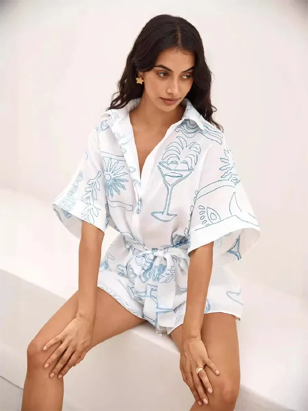 Printed Collared Neck Half Sleeve Romper Youthful Women's Pop Youthful Women's Pop