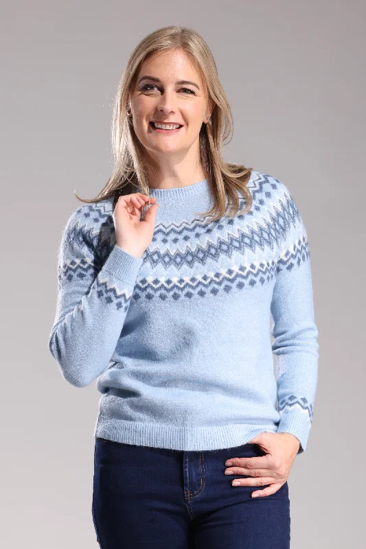 Crew neck Fairisle detail Jersey | Sky/Navy/Ivory | 6961ZZ Elegant Women's Formal Elegant Women's Formal Crew neck Fairisle detail Jersey | Sky/Navy/Ivory | 6961ZZ Elegant Women's Formal Elegant Women's Formal