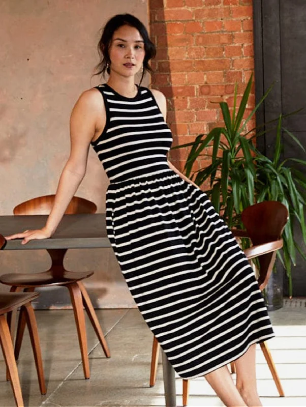 Racer Viscose Back Gathered Dress | Black & White Stripes Relaxed Women's Beachy Relaxed Women's Beachy Racer Viscose Back Gathered Dress | Black & White Stripes Relaxed Women's Beachy Relaxed Women's Beachy