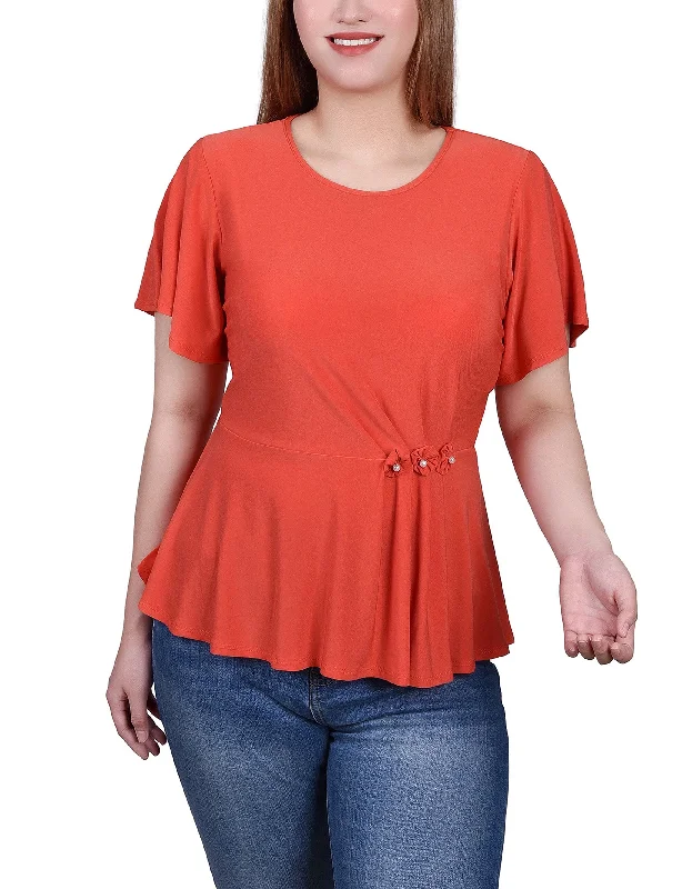 Petite Flutter Sleeve Flower-Detail Top Casual Women's Loose - fitting Casual Women's Loose - fitting Petite Flutter Sleeve Flower-Detail Top Casual Women's Loose - fitting Casual Women's Loose - fitting