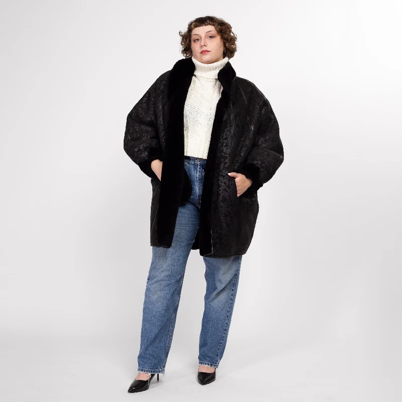 XL 80s Black Embossed Suede & Faux Fur Reversible Coat performance performance