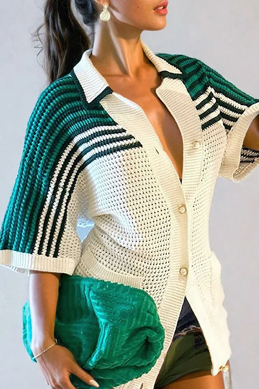Contrast Crochet Short Sleeve Top Cozy Women's Winter Cozy Women's Winter