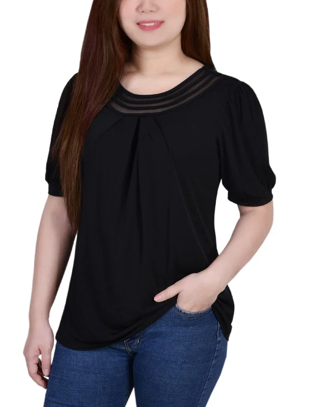 Short Puff Sleeve Sheer Inset Top Refined Women's Velvet Refined Women's Velvet