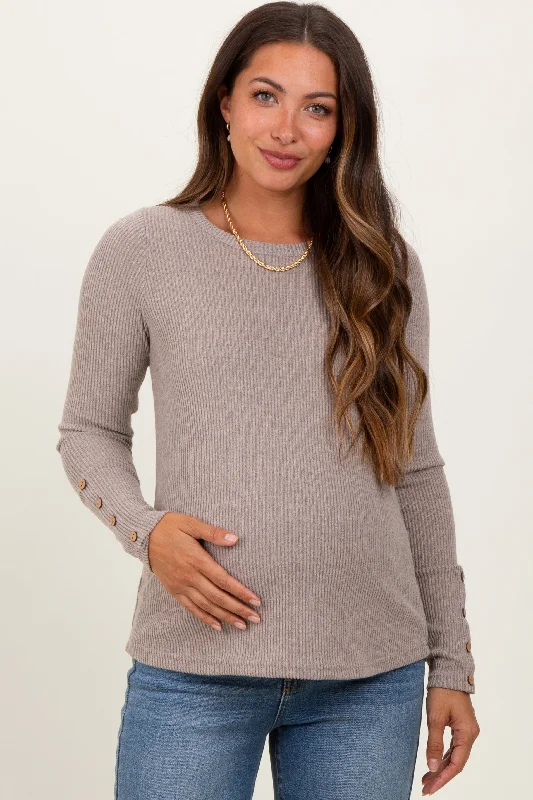 Taupe Ribbed Knit Button Detail Long Sleeve Maternity Top Laid - back Women's Vibe Laid - back Women's Vibe Taupe Ribbed Knit Button Detail Long Sleeve Maternity Top Laid - back Women's Vibe Laid - back Women's Vibe