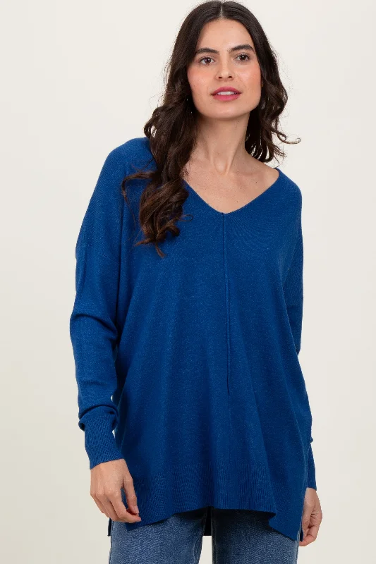 Navy Front Seam V-Neck Side Slit Sweater Casual Women's Japanese Casual Women's Japanese Navy Front Seam V-Neck Side Slit Sweater Casual Women's Japanese Casual Women's Japanese