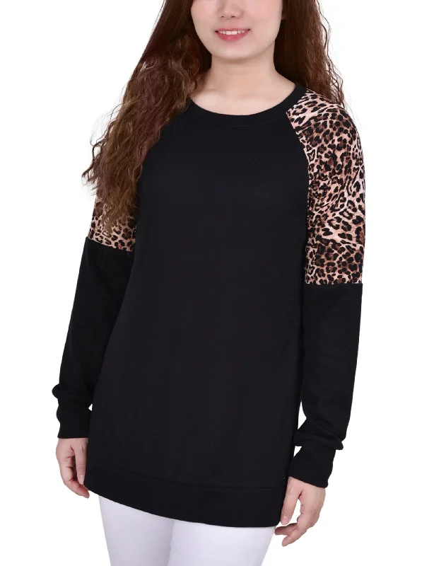 Long Raglan Sleeve Top With Animal Print Insets Sleek Women's Metallic Sleek Women's Metallic Long Raglan Sleeve Top With Animal Print Insets Sleek Women's Metallic Sleek Women's Metallic