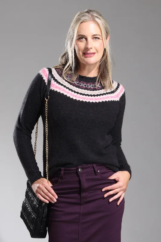 Round neck Fairisle yoke Jersey | Pink Black | 6976ZZ Feminine Women's Soft Feminine Women's Soft Round neck Fairisle yoke Jersey | Pink Black | 6976ZZ Feminine Women's Soft Feminine Women's Soft