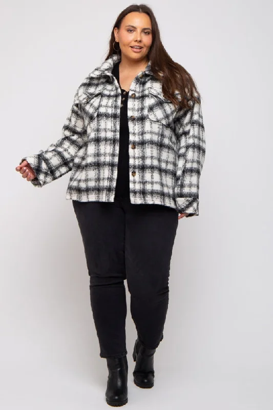 Ivory Plaid Plus Shirt Jacket Youthful Women's Pop Youthful Women's Pop