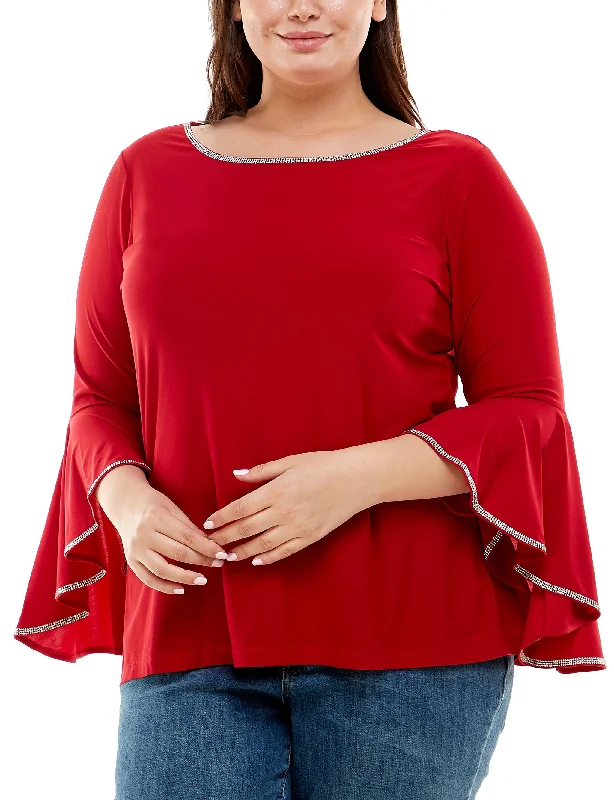 Plus Size Long Bell Sleeve Top With Stone Details Geometric Geometric