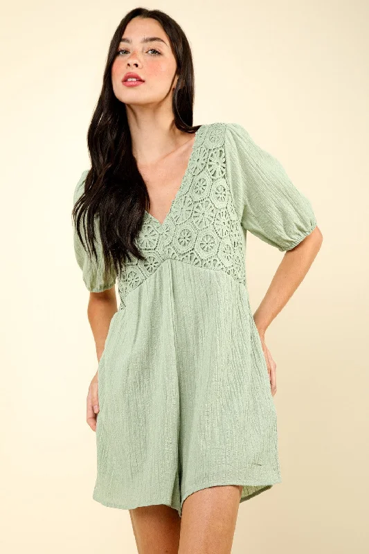 VERY J Lace Detail Puff Sleeve Romper with Pockets Geometric Geometric