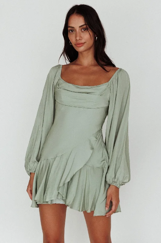Beaujolais Long Sleeve Cowl Neckline Ruffle Mini Dress Sage Preppy Women's College Preppy Women's College Beaujolais Long Sleeve Cowl Neckline Ruffle Mini Dress Sage Preppy Women's College Preppy Women's College