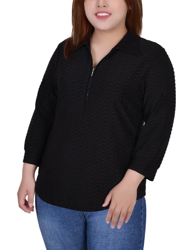 Plus Size 3/4 Sleeve Honeycomb Half Zip Collared Top Compression Compression