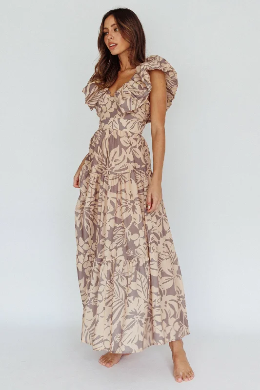 Kahlo Puffed Ruffle Neckline Maxi Dress Print Beige Earthy Women's  Earthy Women's 