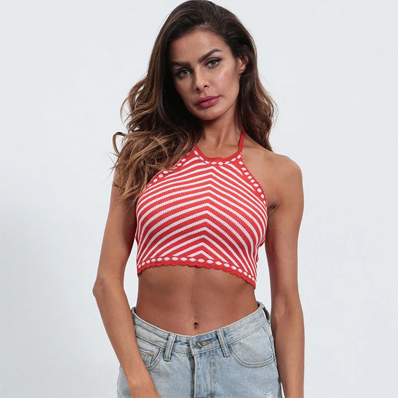Cute Scalloped Trim Striped Halter Open Back Sleeveless Red Fitted Knit Crop Top Sustainable Organic Sustainable Organic Cute Scalloped Trim Striped Halter Open Back Sleeveless Red Fitted Knit Crop Top Sustainable Organic Sustainable Organic