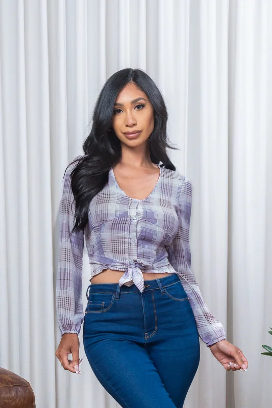 Long Sleeve V Neck Button Down Crop Top with Tied Waist in Lavender (K7853-0508) Artistic Women's Avant - Artistic Women's Avant - Long Sleeve V Neck Button Down Crop Top with Tied Waist in Lavender (K7853-0508) Artistic Women's Avant - Artistic Women's Avant -