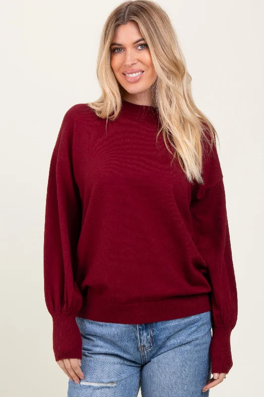 Burgundy  Fine Knit Balloon Sleeve Sweater Trendy Women's  Trendy Women's 