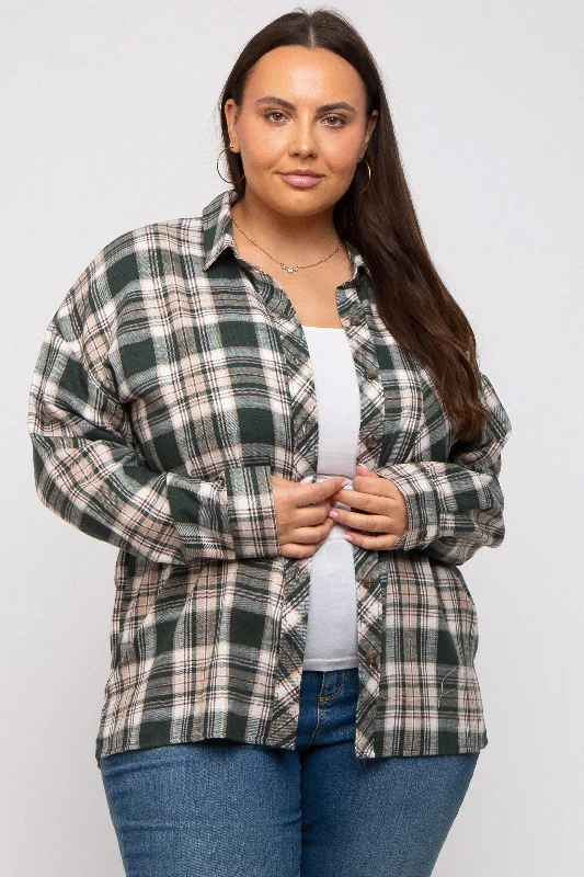 Forest Green Plaid Button Down Plus Top Sporty Women's Tennis Sporty Women's Tennis