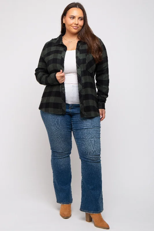 Forest Green Checkered Plus Long Sleeve Button Down Top Elegant Women's Elegant Women's Forest Green Checkered Plus Long Sleeve Button Down Top Elegant Women's Elegant Women's