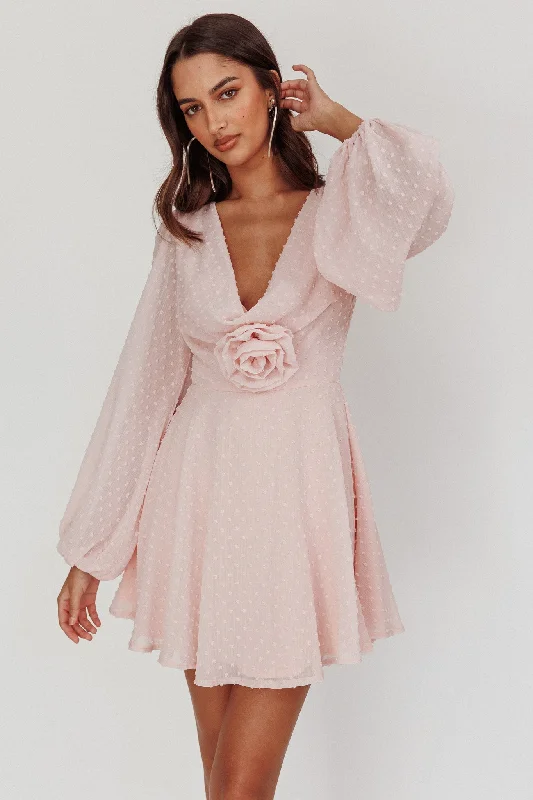 Open Heart Long Sleeve Rosette Mini Dress Baby Pink Country Country