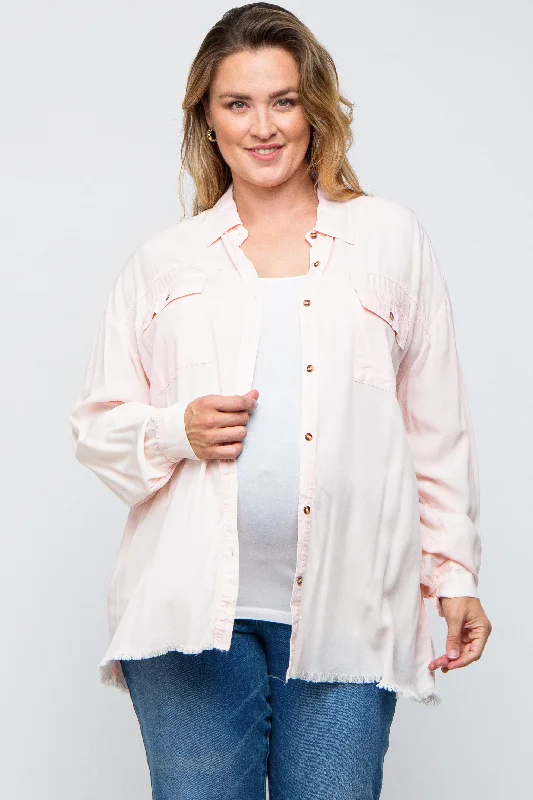 Peach Button Up Fringe Hem Maternity Plus Top Contemporary  Contemporary 