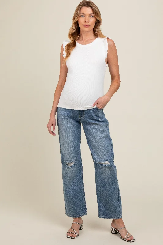 Blue Distressed Knee Straight Leg Maternity Jeans Stylish Women's Neon Stylish Women's Neon