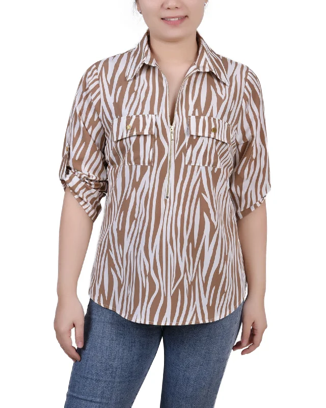 Petite 3/4 Roll Tab Sleeve Zip Front Top Sporty Women's Tennis Sporty Women's Tennis Petite 3/4 Roll Tab Sleeve Zip Front Top Sporty Women's Tennis Sporty Women's Tennis
