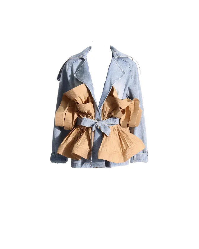 Color-Block Ruffle Denim Jacket Street Street