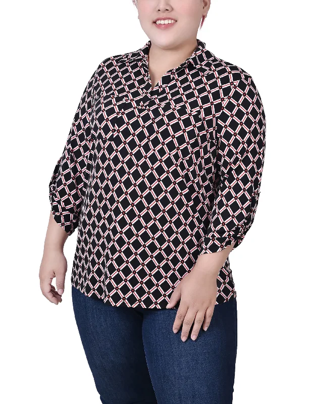 Plus Size 3/4 Roll Tab Sleeve Studded Y Neck Top Luxurious Women's High - end Luxurious Women's High - end Plus Size 3/4 Roll Tab Sleeve Studded Y Neck Top Luxurious Women's High - end Luxurious Women's High - end