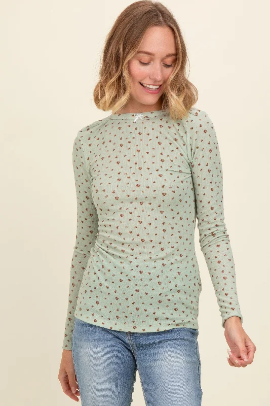 Light Olive Floral Bow Detail Long Sleeve Fitted Top Sleek Women's  Sleek Women's 