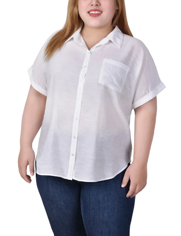 Plus Size Short Sleeve Woven Front/Jersey Back Top Modern Women's  Modern Women's 