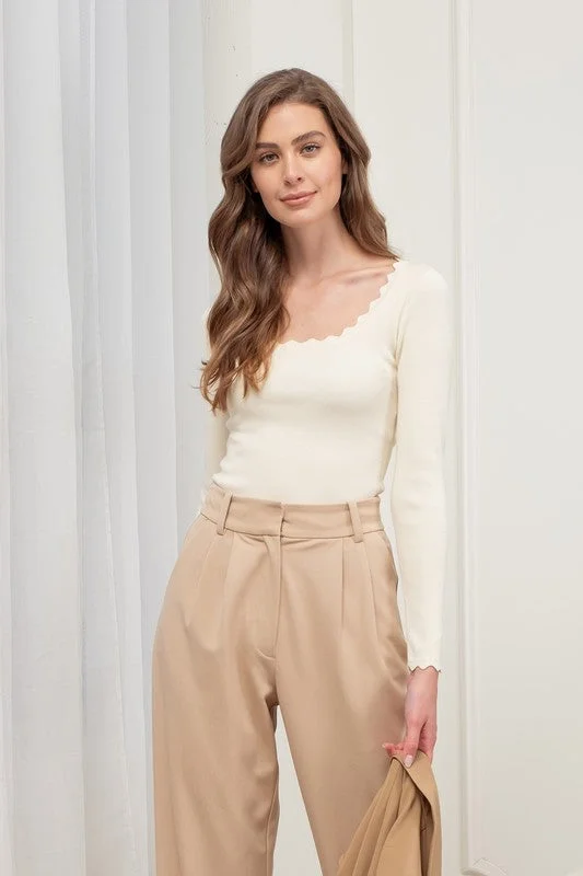 JENNIE SCALLOP TRIM LONG SLEEVE SWEATER KNIT TOP Street Street