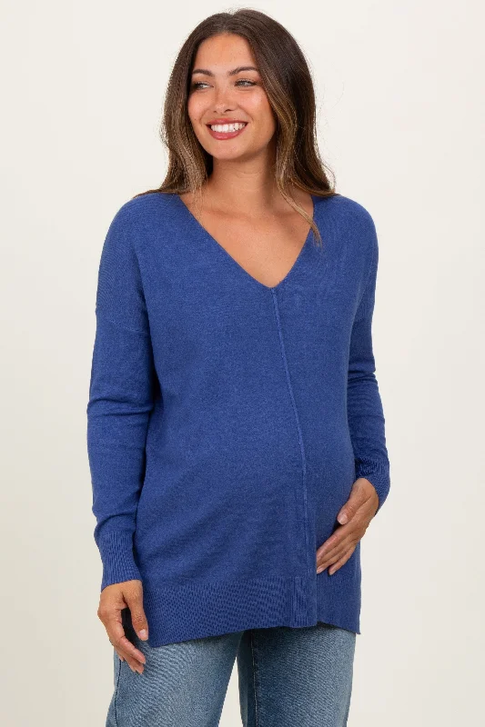 Light Navy Seam V-Neck Side Slit Maternity Sweater Minimalist Women's Casual Minimalist Women's Casual Light Navy Seam V-Neck Side Slit Maternity Sweater Minimalist Women's Casual Minimalist Women's Casual