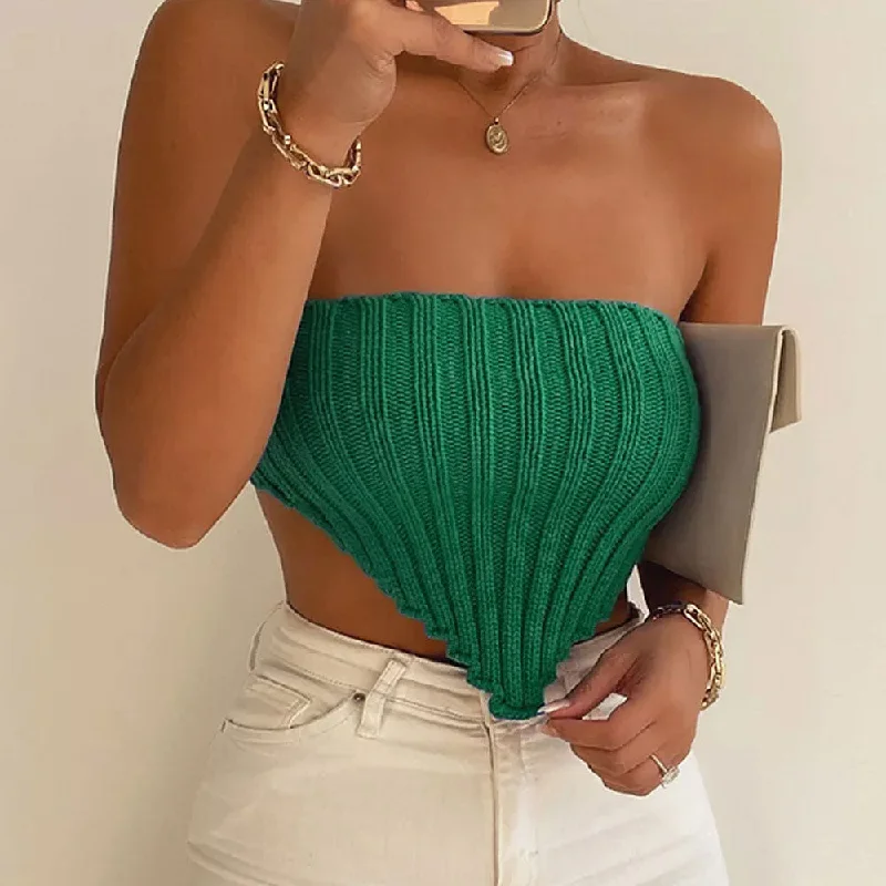 Sexy Emerald Green Handkerchief Hem Cropped Strapless Knit Top Monochromatic All - in - one Monochromatic All - in - one Sexy Emerald Green Handkerchief Hem Cropped Strapless Knit Top Monochromatic All - in - one Monochromatic All - in - one