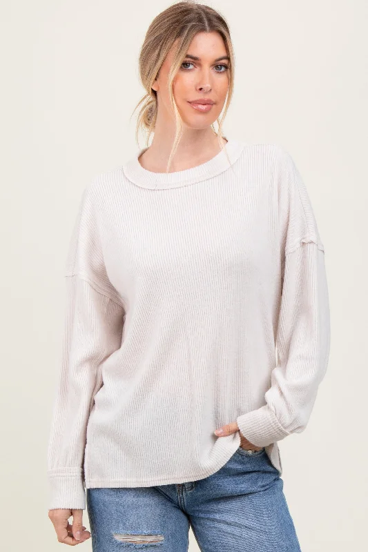 Cream Brushed Ribbed Knit Pullover Laid - back Women's Style Laid - back Women's Style Cream Brushed Ribbed Knit Pullover Laid - back Women's Style Laid - back Women's Style
