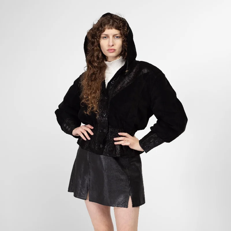 Medium 80s Black Embossed Suede Cropped Hooded Jacket Feminine Women's Style Feminine Women's Style Medium 80s Black Embossed Suede Cropped Hooded Jacket Feminine Women's Style Feminine Women's Style