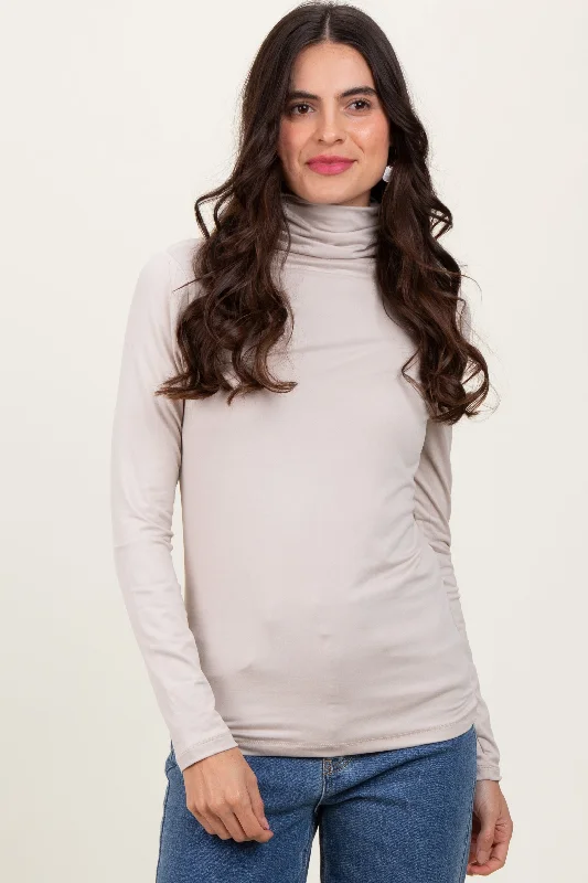 Cream Brushed Knit Basic Turtleneck Top Compression Compression