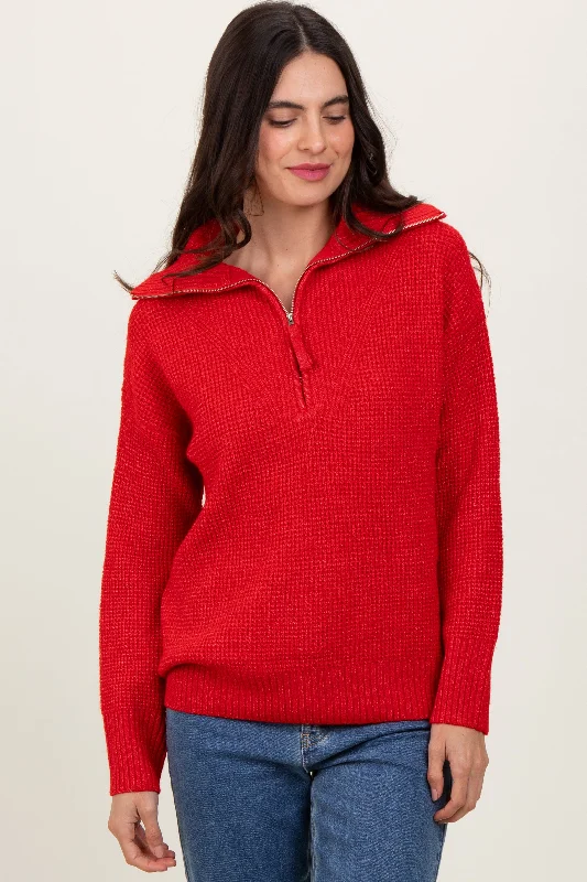 Red Half Zip Pullover Sweater Sleek Women's  Sleek Women's 