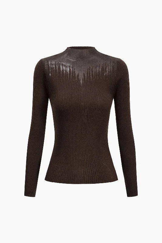 Wool Contrast Knit Long-Sleeve Top Athletic Women's High -  Athletic Women's High - 