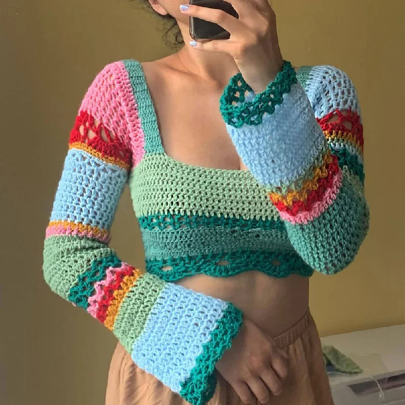 Boho Square Neck Rainbow Striped Crochet Open Knit Cropped Top Hip Women's Retro Hip Women's Retro Boho Square Neck Rainbow Striped Crochet Open Knit Cropped Top Hip Women's Retro Hip Women's Retro