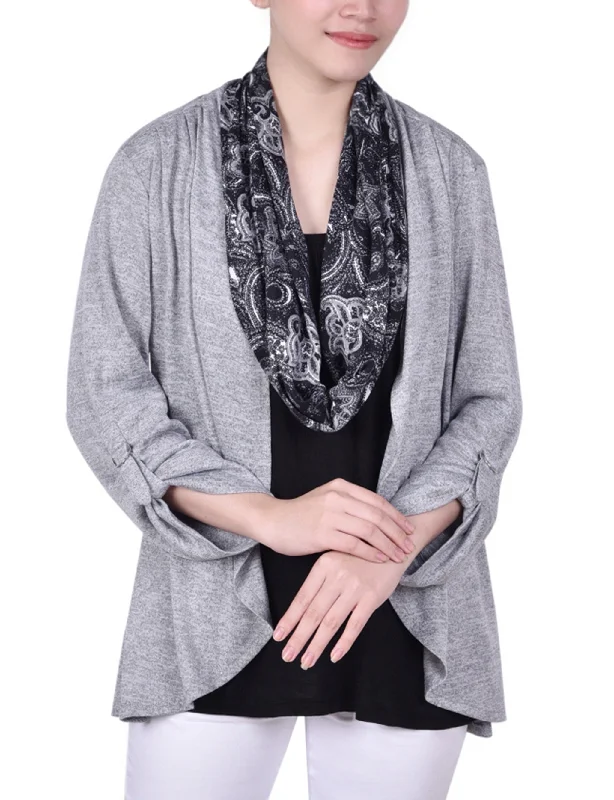 Petite 3/4 Roll Sleeve 3Fer Top With Detachable Scarf Monochromatic Office Style Monochromatic Office Style Petite 3/4 Roll Sleeve 3Fer Top With Detachable Scarf Monochromatic Office Style Monochromatic Office Style
