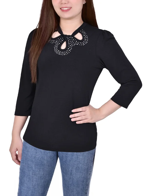 Petite 3/4 Slv Knit Crepe Studded Keyhole Top Relaxed Women's Beachy Relaxed Women's Beachy Petite 3/4 Slv Knit Crepe Studded Keyhole Top Relaxed Women's Beachy Relaxed Women's Beachy