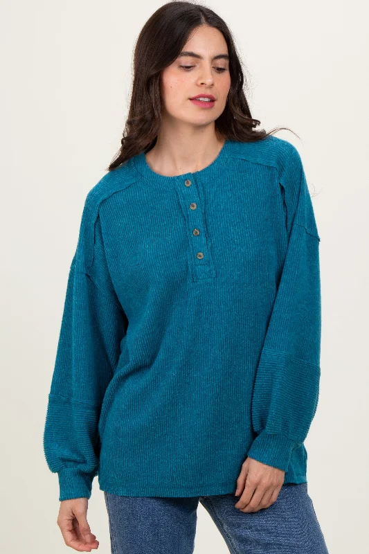 Teal Oversized Ribbed Knit Henley Sweater Refined Women's Hand - crafted Refined Women's Hand - crafted Teal Oversized Ribbed Knit Henley Sweater Refined Women's Hand - crafted Refined Women's Hand - crafted