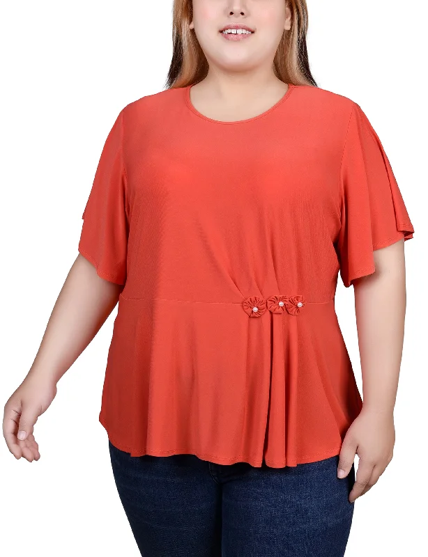 Plus Size Flutter Sleeve Flower-Detail Top Athletic Women's  Athletic Women's 