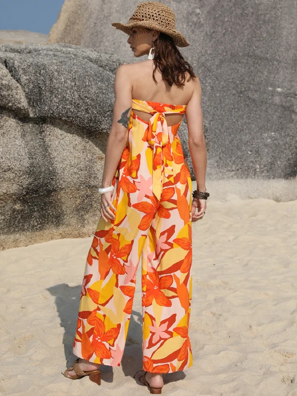 Tied Printed Tube Wide Leg Jumpsuit Youthful Women's Pop Youthful Women's Pop