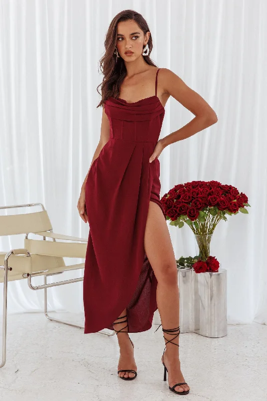 Patrice Draped Neck Split Midi Dress Wine Athletic Women's  Athletic Women's 