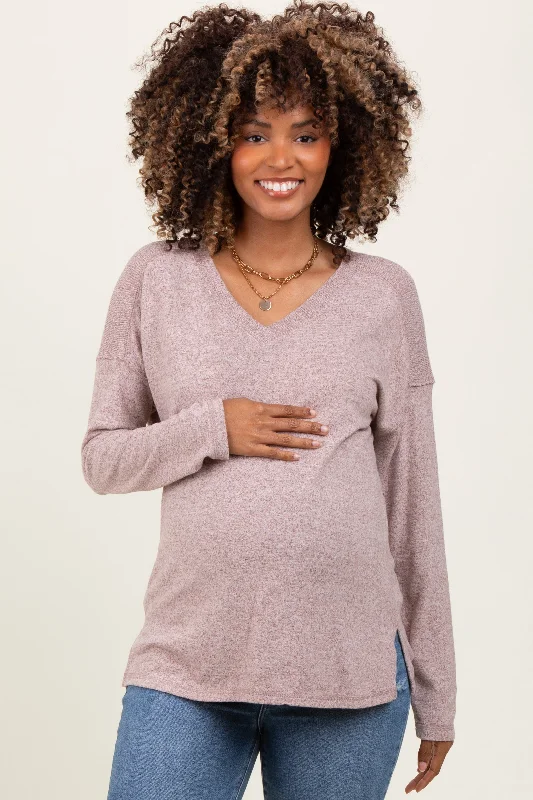 Beige Basic V-Neck Long Sleeve Brushed Knit Maternity Top Casual Women's Loose - fitting Casual Women's Loose - fitting Beige Basic V-Neck Long Sleeve Brushed Knit Maternity Top Casual Women's Loose - fitting Casual Women's Loose - fitting