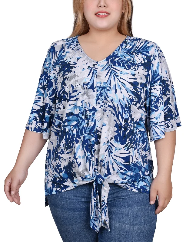 Plus Size Elbow Sleeve Tie-Front Top Bold Women's Statement Bold Women's Statement