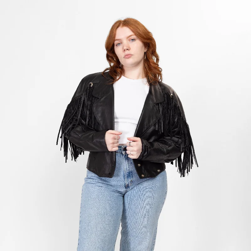 Medium 80s Black Leather Fringe Crop Jacket Hip Women's Retro Hip Women's Retro