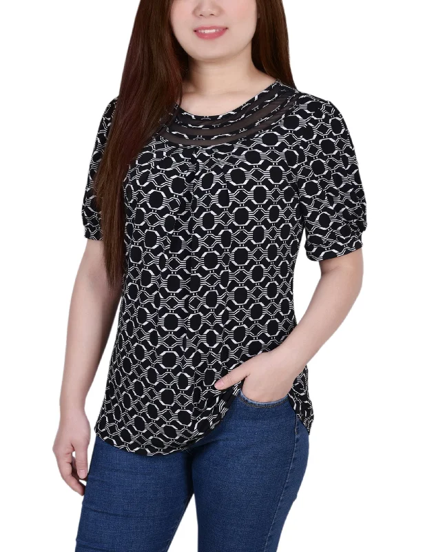 Petite Short Puff Sleeve Mesh Inset Top Sustainable Organic Sustainable Organic